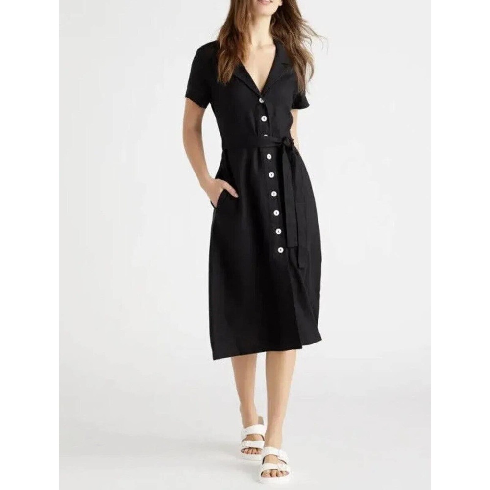 Quince Black Button-Front Midi Shirt Dress